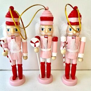3 Pink and Red Nutcracker Ornaments Peppermint Candies Candy Cane